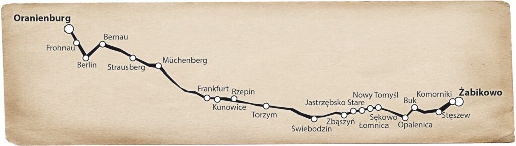 Trasa tzw. marszu śmierci więźniów obozu w Żabikowie w styczniu/lutym 1945 r.