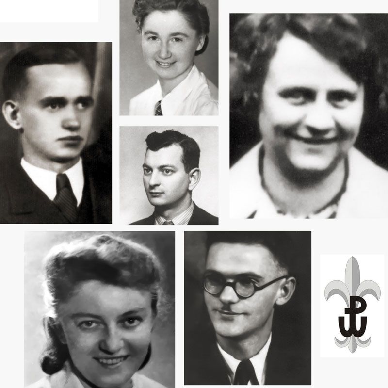 Kolaż sześciu czarno-białych portretów mężczyzn i kobiet z połowy XX wieku, ułożonych wokół szarego symbolu polskiego ruchu oporu w prawym dolnym rogu, upamiętnia Dzień Myśli Braterskiej.