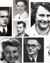 Kolaż sześciu czarno-białych portretów mężczyzn i kobiet z połowy XX wieku, ułożonych wokół szarego symbolu polskiego ruchu oporu w prawym dolnym rogu, upamiętnia Dzień Myśli Braterskiej.