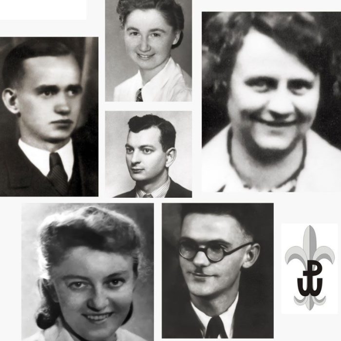 Kolaż sześciu czarno-białych portretów mężczyzn i kobiet z połowy XX wieku, ułożonych wokół szarego symbolu polskiego ruchu oporu w prawym dolnym rogu, upamiętnia Dzień Myśli Braterskiej.