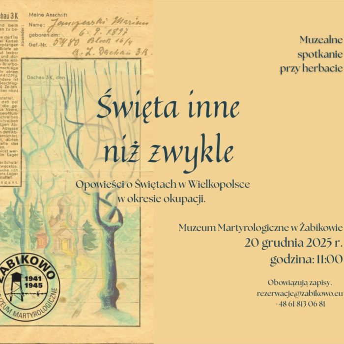 Serdecznie zapraszamy na muzealne spotkanie przy herbacie! 20 grudnia 2025 o 11:00 w Muzeum Martyrologicznym w Żabikowie odbędzie się rozmowa o Świętach podczas okupacji oraz prezentacja rękopisu z rysunkami świec i drzew.