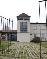 Widok przez metalową bramę na brukowaną ścieżkę prowadzącą do szarego budynku z dużymi oknami i napisem MUZEUM na szczycie — to zachęcające miejsce, w którym Wielkopolanie zgłębiają historię, w tym wystawy na temat II wojny światowej, pośród trawy i drzew.
