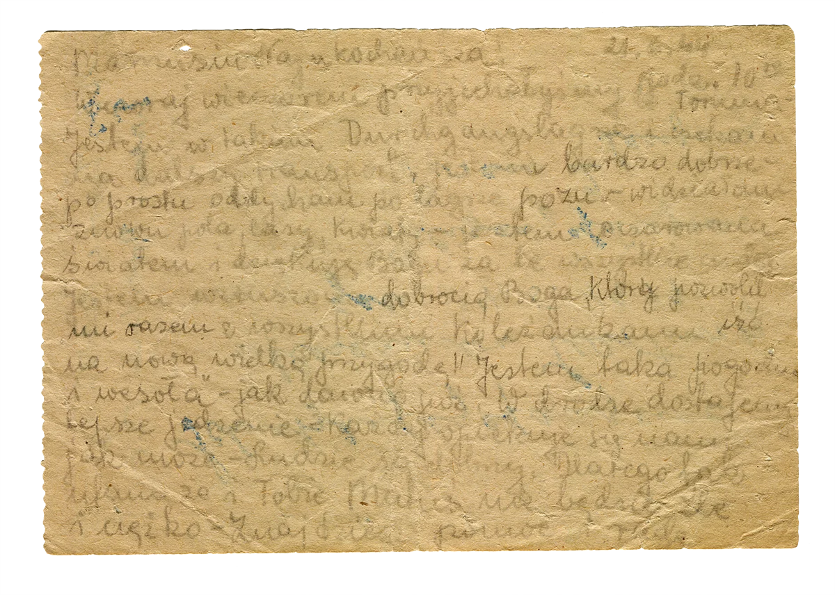 Gryps wysłany przez Aleksandrę Markwitz-Bielerzewską w czasie postoju transportu z Żabikowa do KL Ravensbrück, Toruń, 21.06.1944 r. Ze zbiorów Muzeum Martyrologicznego w Żabikowie 