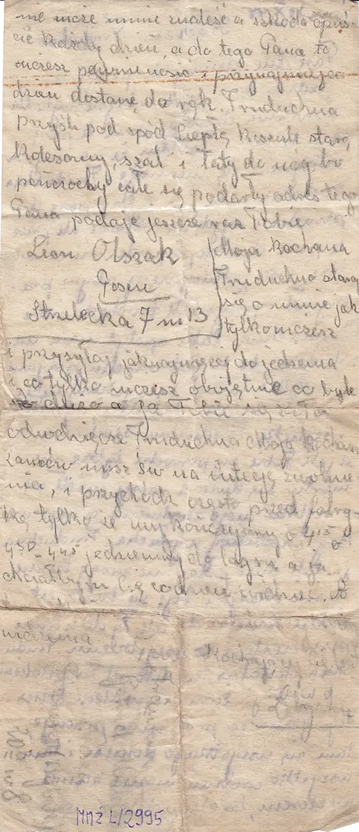 Gryps Zbigniewa Małeckiego do jego siostry Gertrudy, opatrzony datą 30.10.1944 r., informujący o jego położeniu w obozie w Żabikowie. Ze zbiorów Muzeum Martyrologicznego w Żabikowie