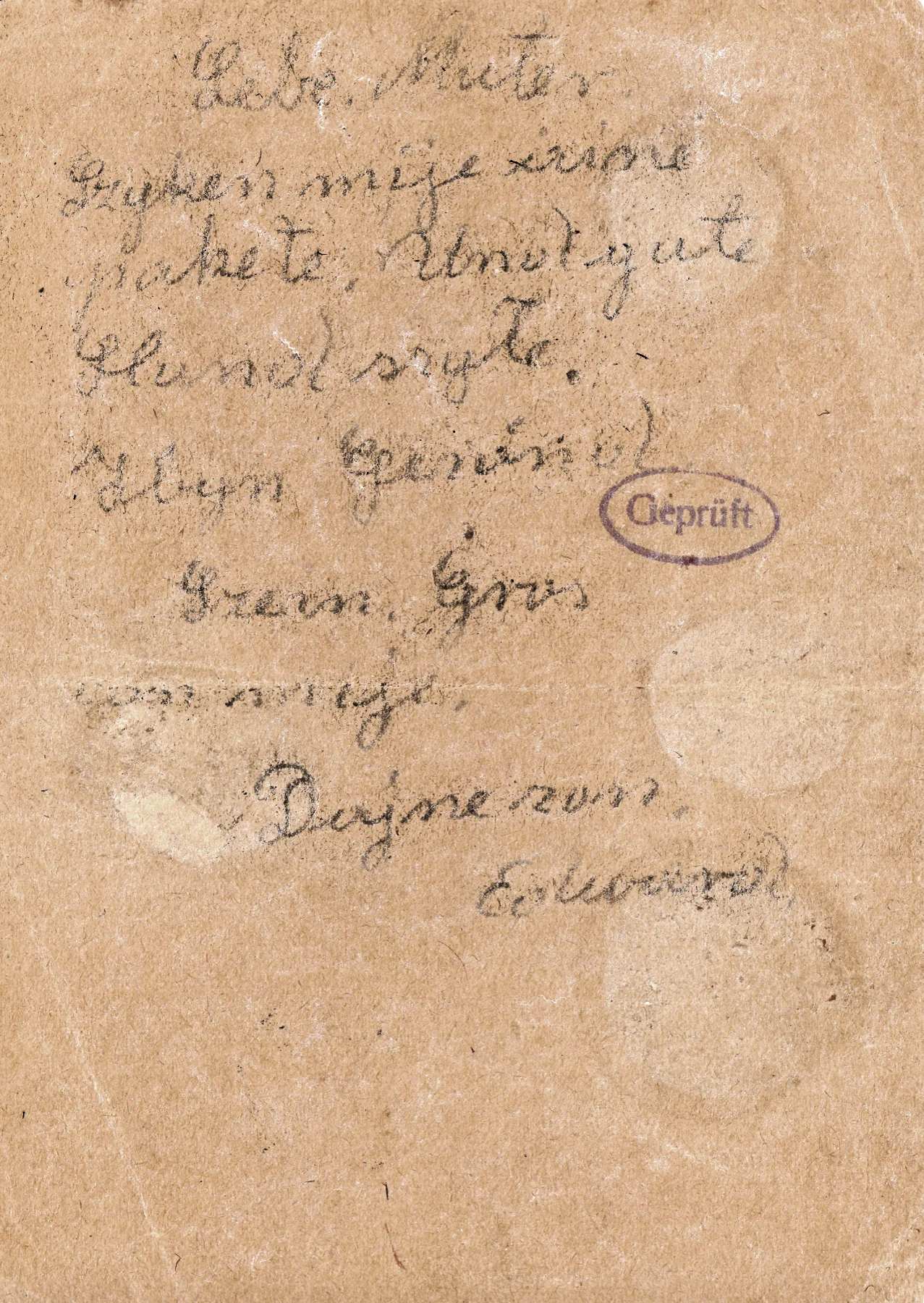 Kartka pocztowa napisana przez Edwarda Mateckiego w sposób fonetyczny – zgodnie z wymową w języku niemieckim, 1944 r. Ze zbiorów Muzeum Martyrologicznego w Żabikowie