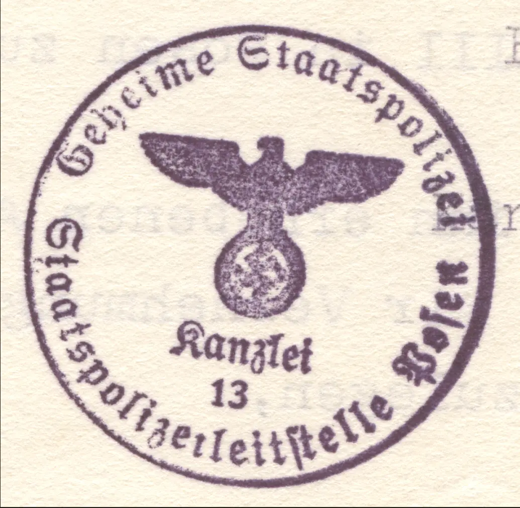 stempel Urzędu Kierowniczego Tajnej Policji Państwowej w Poznaniu 